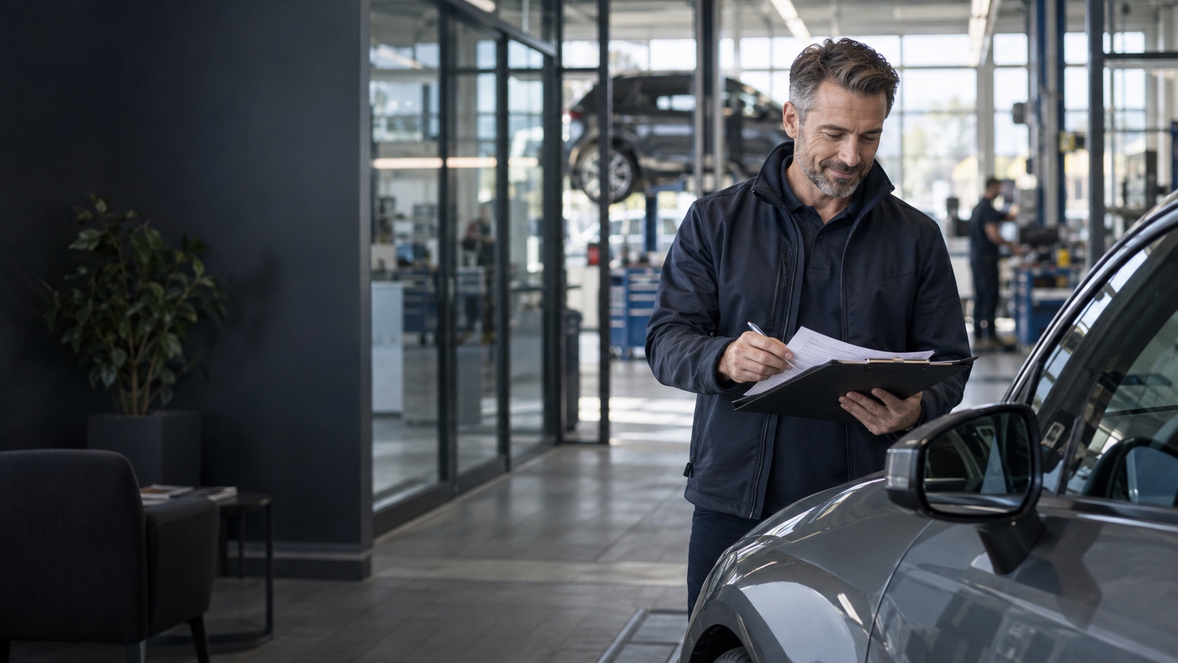 Serviceberater prüft einen Fahrzeugauftrag in einer Werkstatt