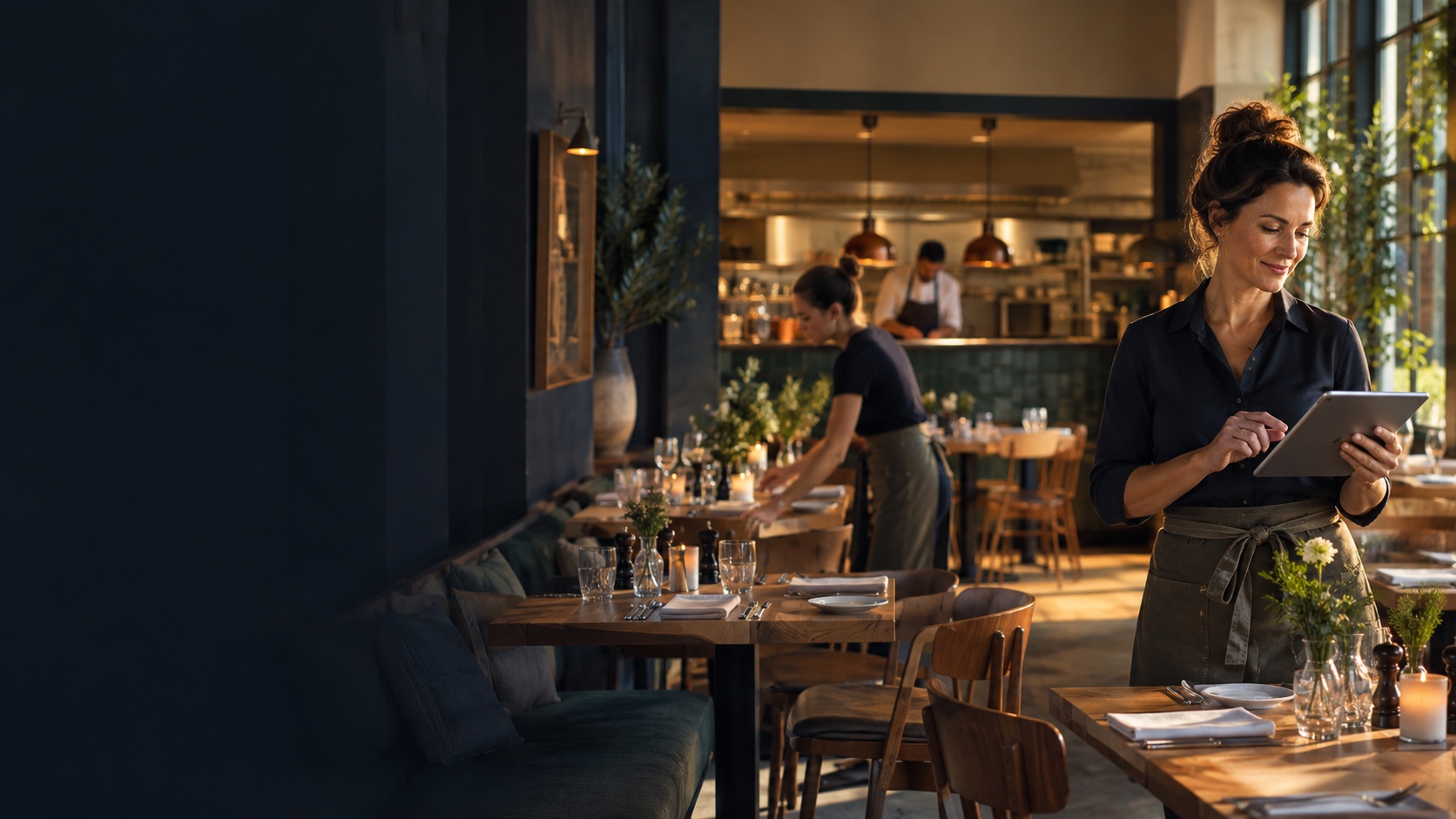 Restaurantleiterin prüft Reservierungen im laufenden Betrieb