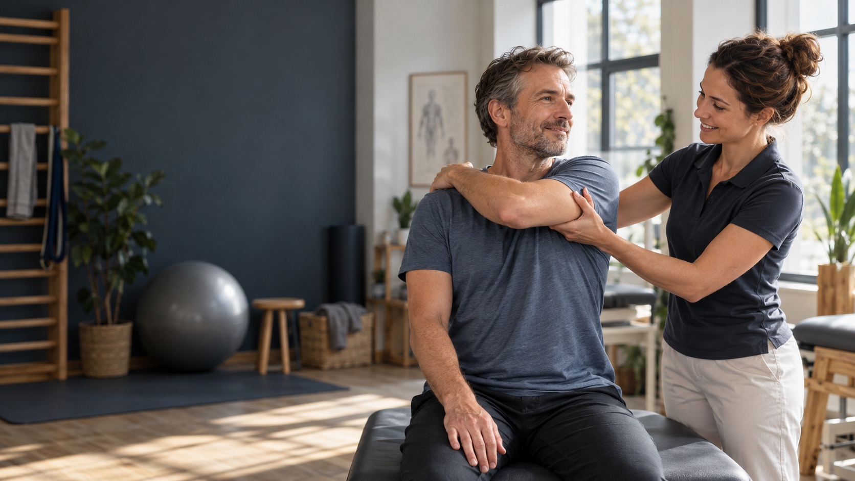 Physiotherapeutin begleitet einen Patienten in der Praxis